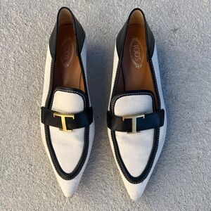 Tod's Two-Tone Canvas & Leather Loafers 
Made in Italy